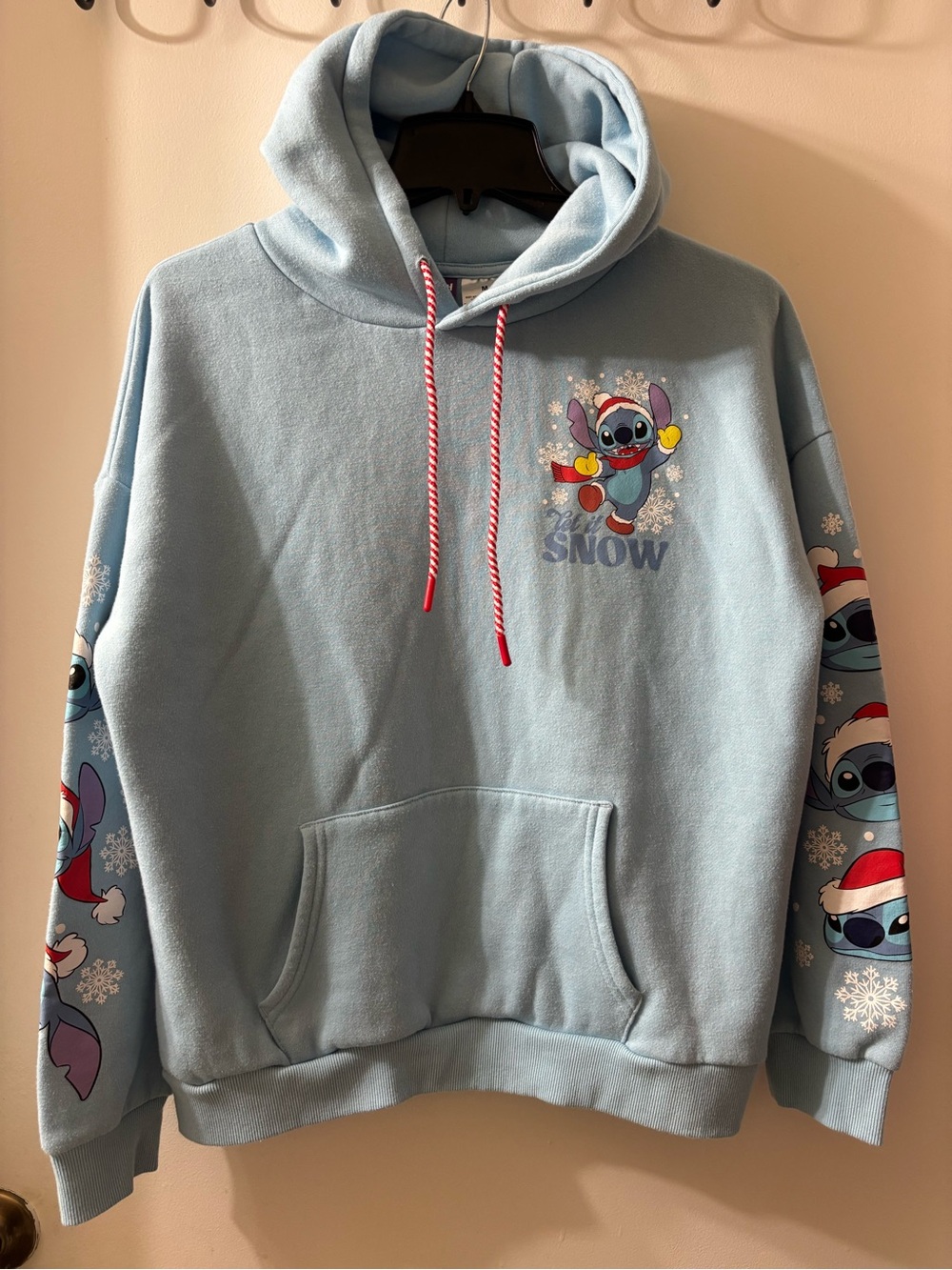 Disney Light Blue Off-the-Shoulder Hoodie Sweater with Stitch Holiday Print